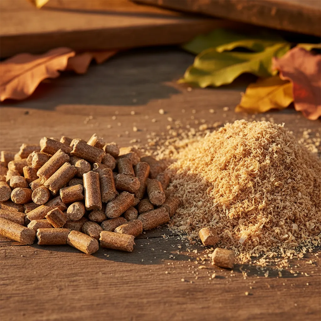 Hardwood pellets and hydrated sawdust — before and after comparison