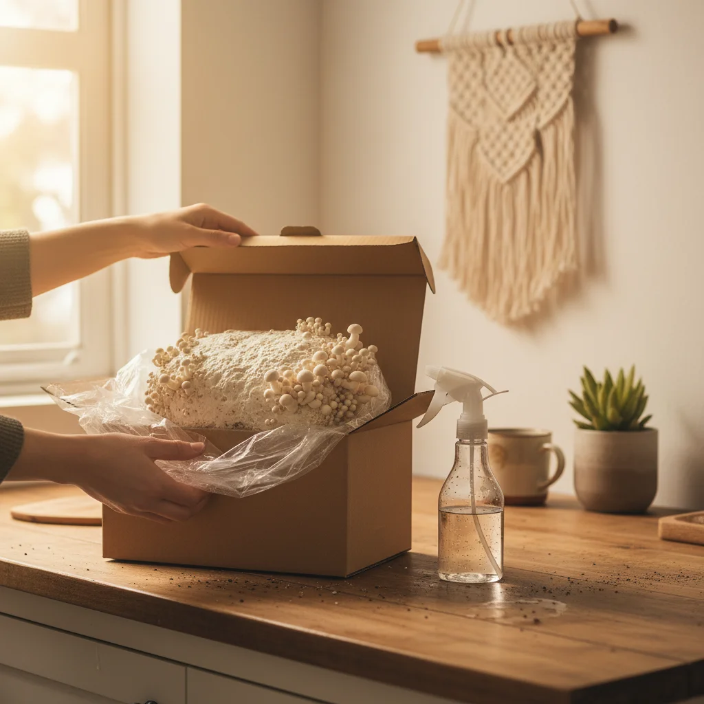 Beginner opening a Nature Lion mushroom grow kit on a kitchen counter with spray bottle nearby