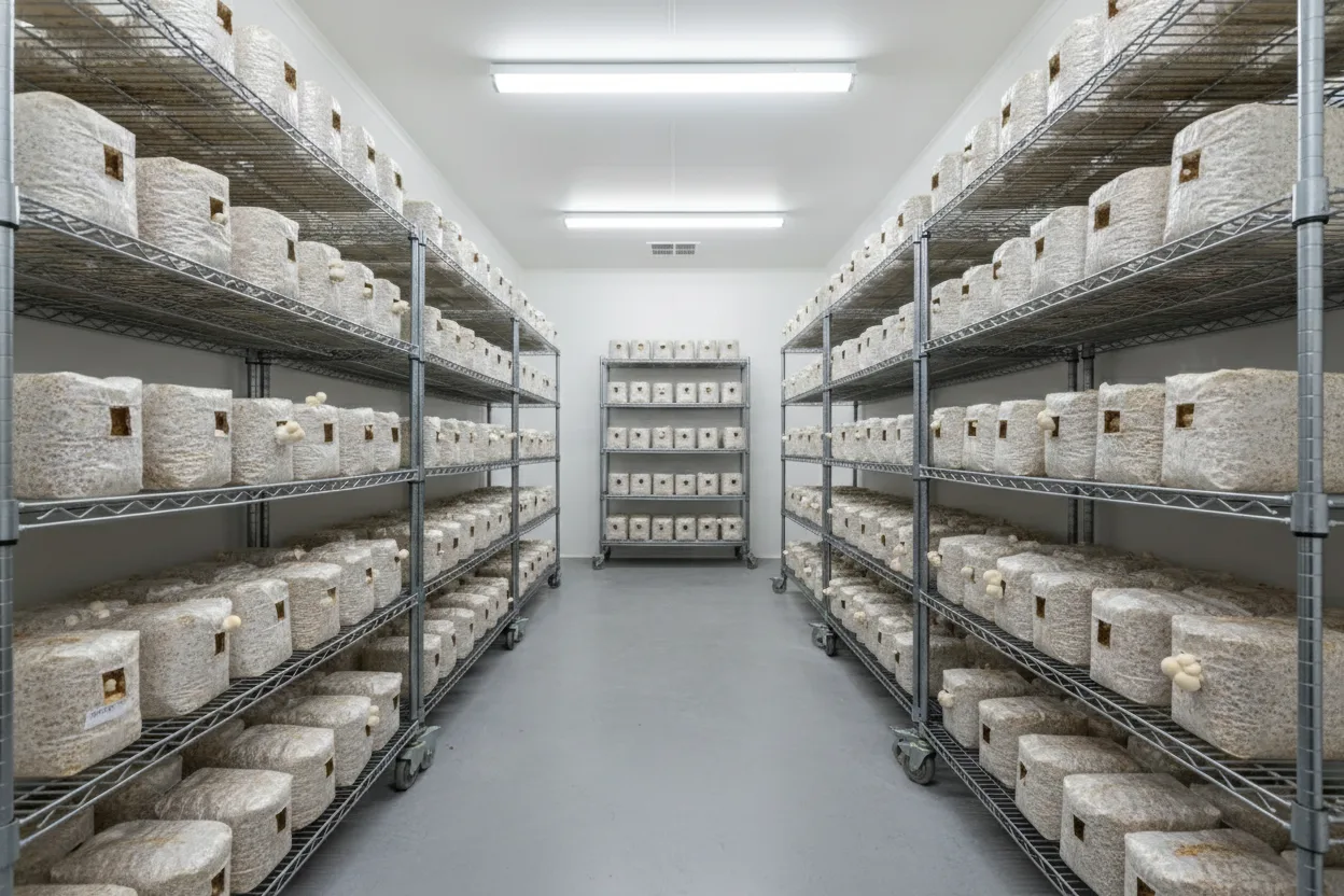 Commercial mushroom growing supplies including bulk grain spawn cases, grow bags, and sterilization equipment