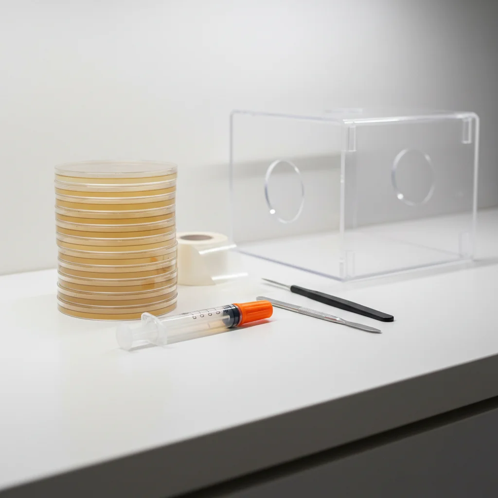 Mycology lab supplies including agar plates, liquid culture syringe, scalpel, and parafilm for mushroom cultivation
