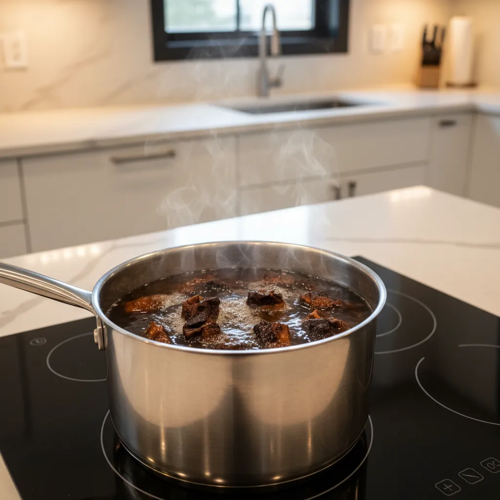 Dark chaga chunks simmering in a pot — the water turns rich amber
