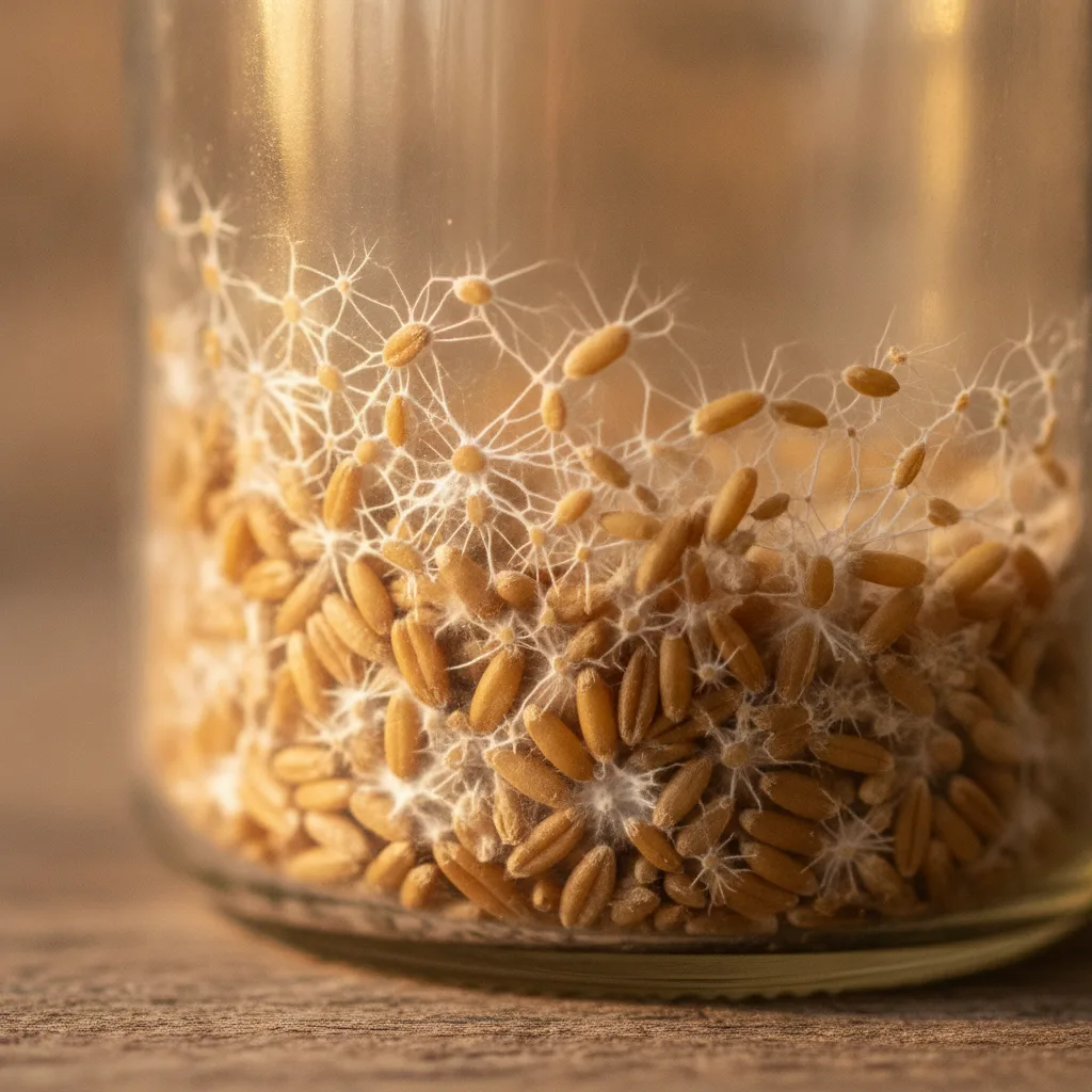White mycelium webbing spreading across amber grain kernels in a glass jar