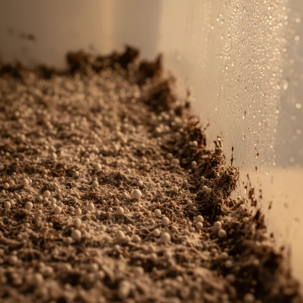 Tiny mushroom pins emerging from substrate — the exciting start of fruiting