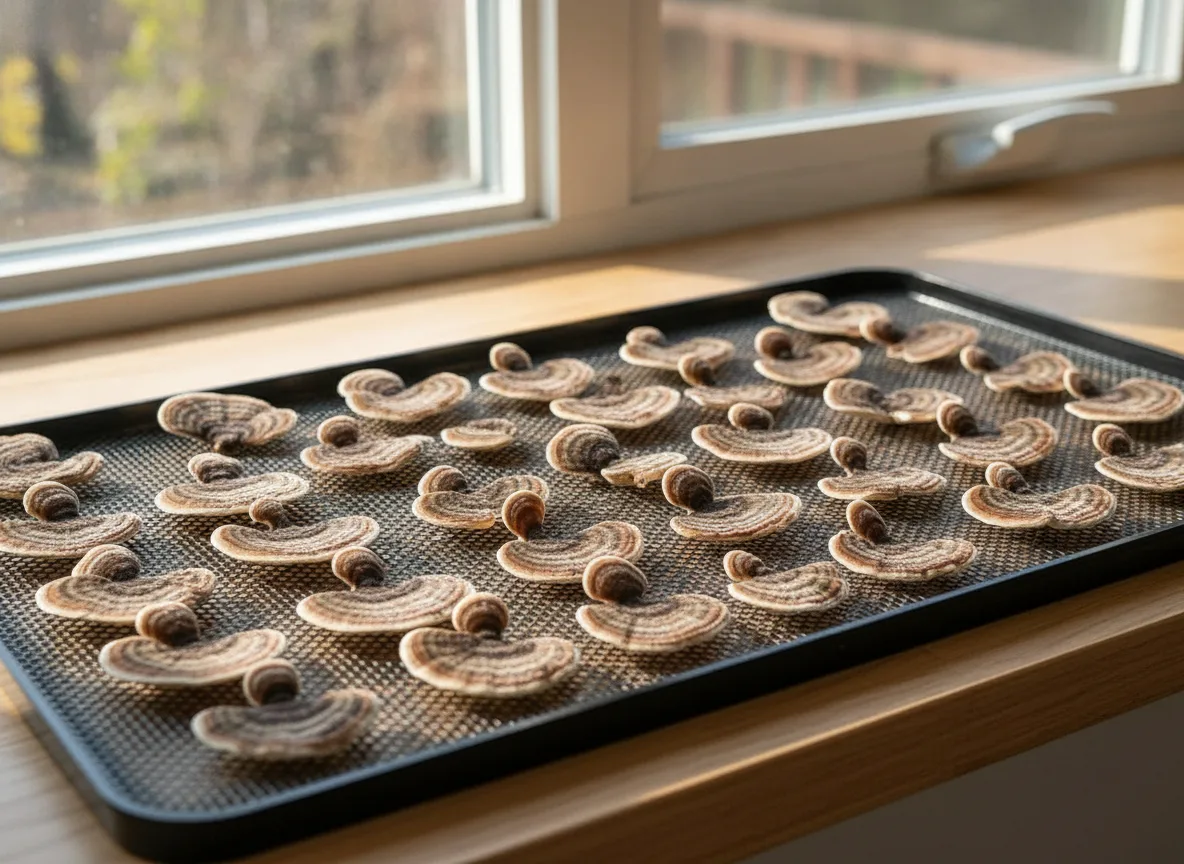 Turkey tail mushroom brackets arranged on a mesh tray to dry beside a bright window.