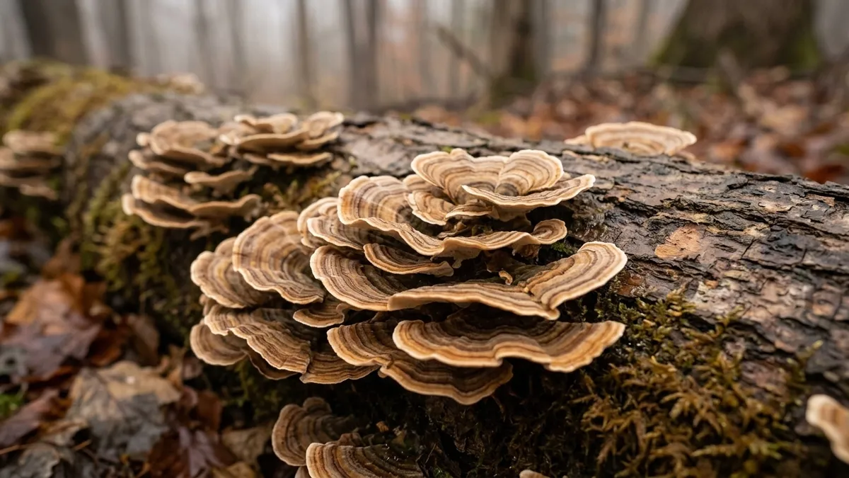 Turkey tail bracket fungi growing in overlapping tiers along a fallen hardwood log