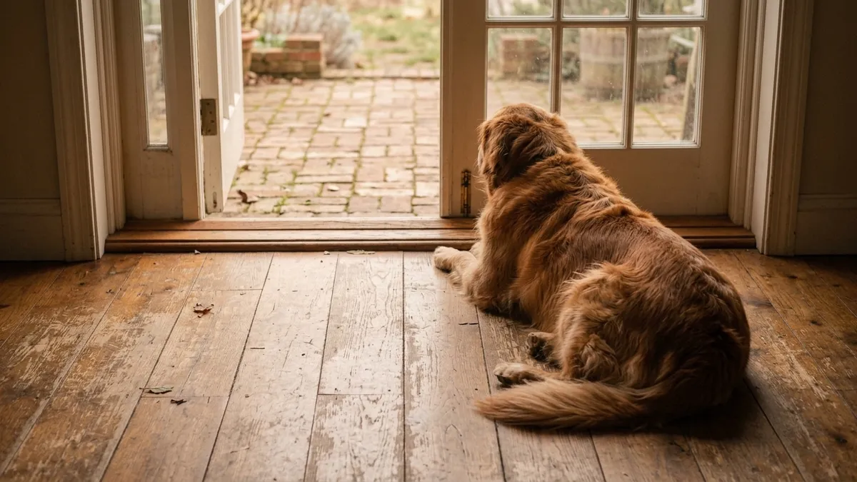 A dog resting in a sunlit doorway on a worn wooden floor