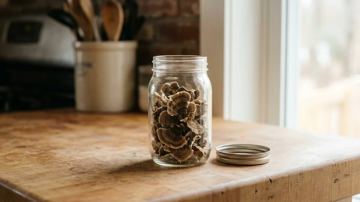 Dried turkey tail pieces in an open glass jar on a kitchen counter