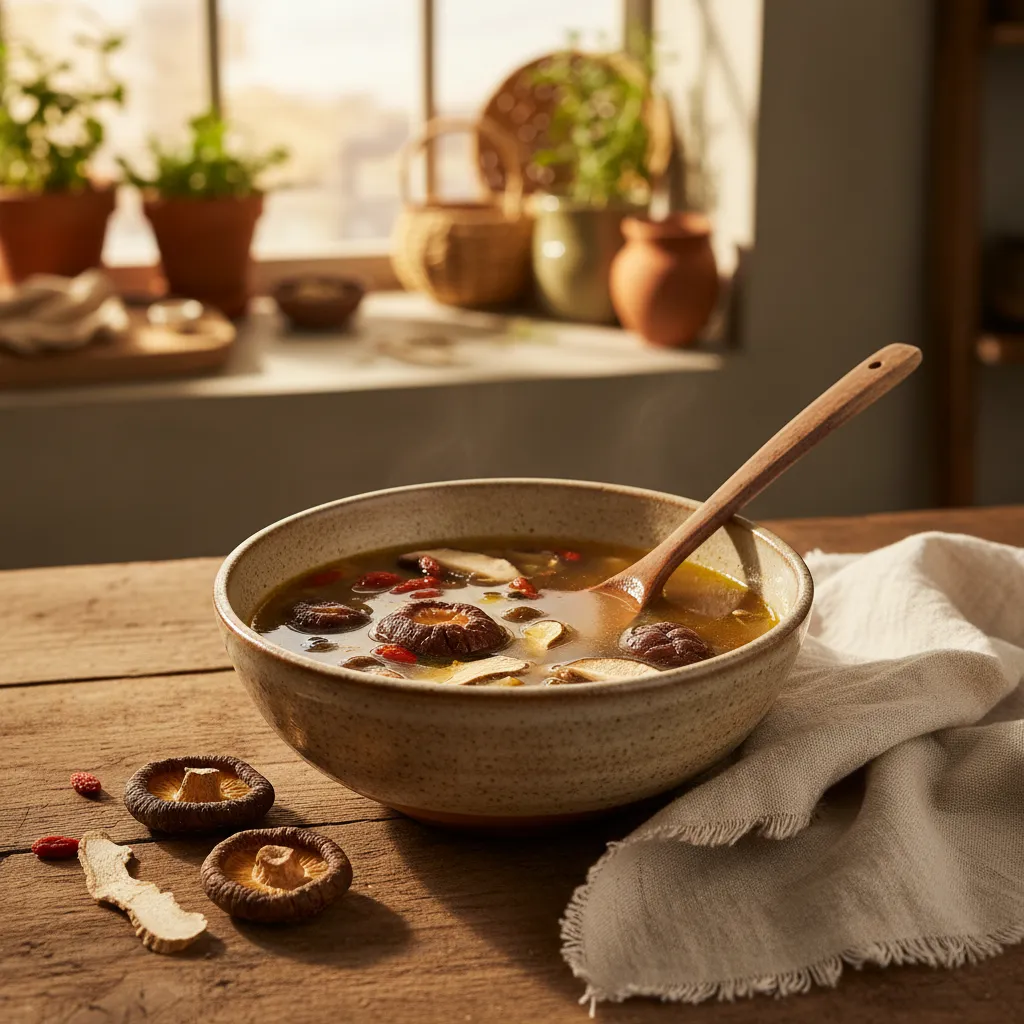 Warm nourishing broth — turkey tail is traditionally used for immune support