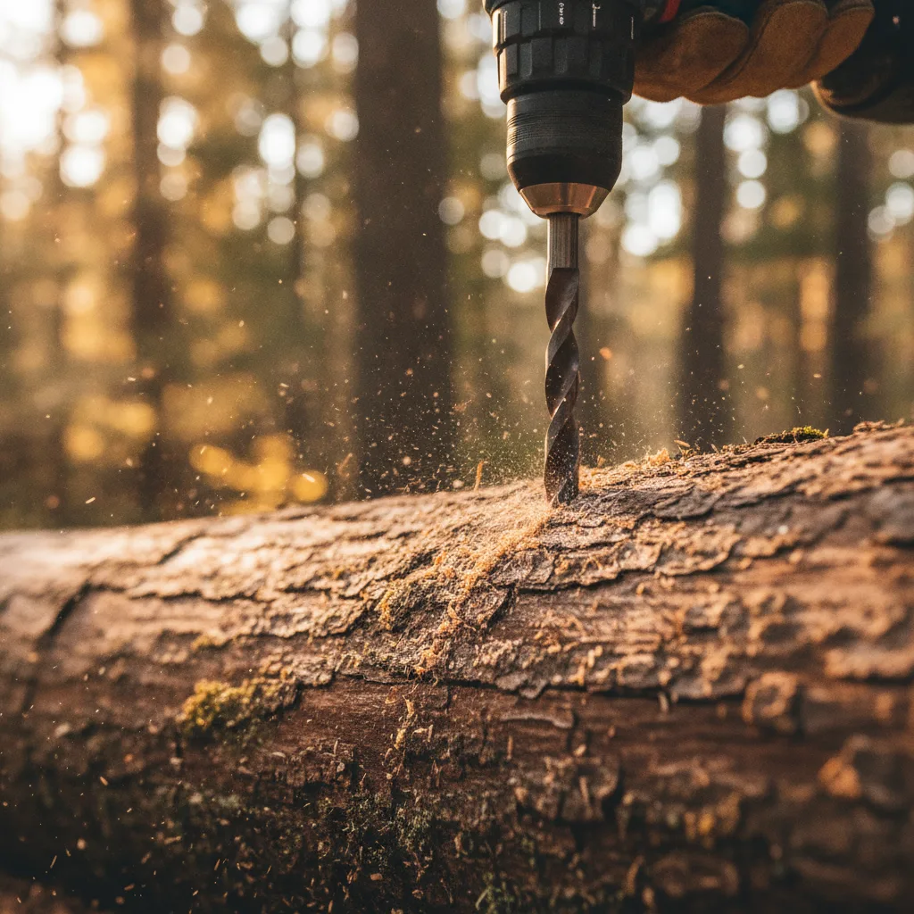 Hardwood log being drilled outdoors for turkey tail plug spawn inoculation.