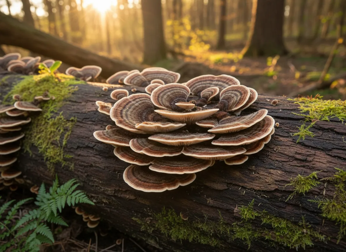 Turkey tail mushrooms growing on a mossy log — concentric colored bands