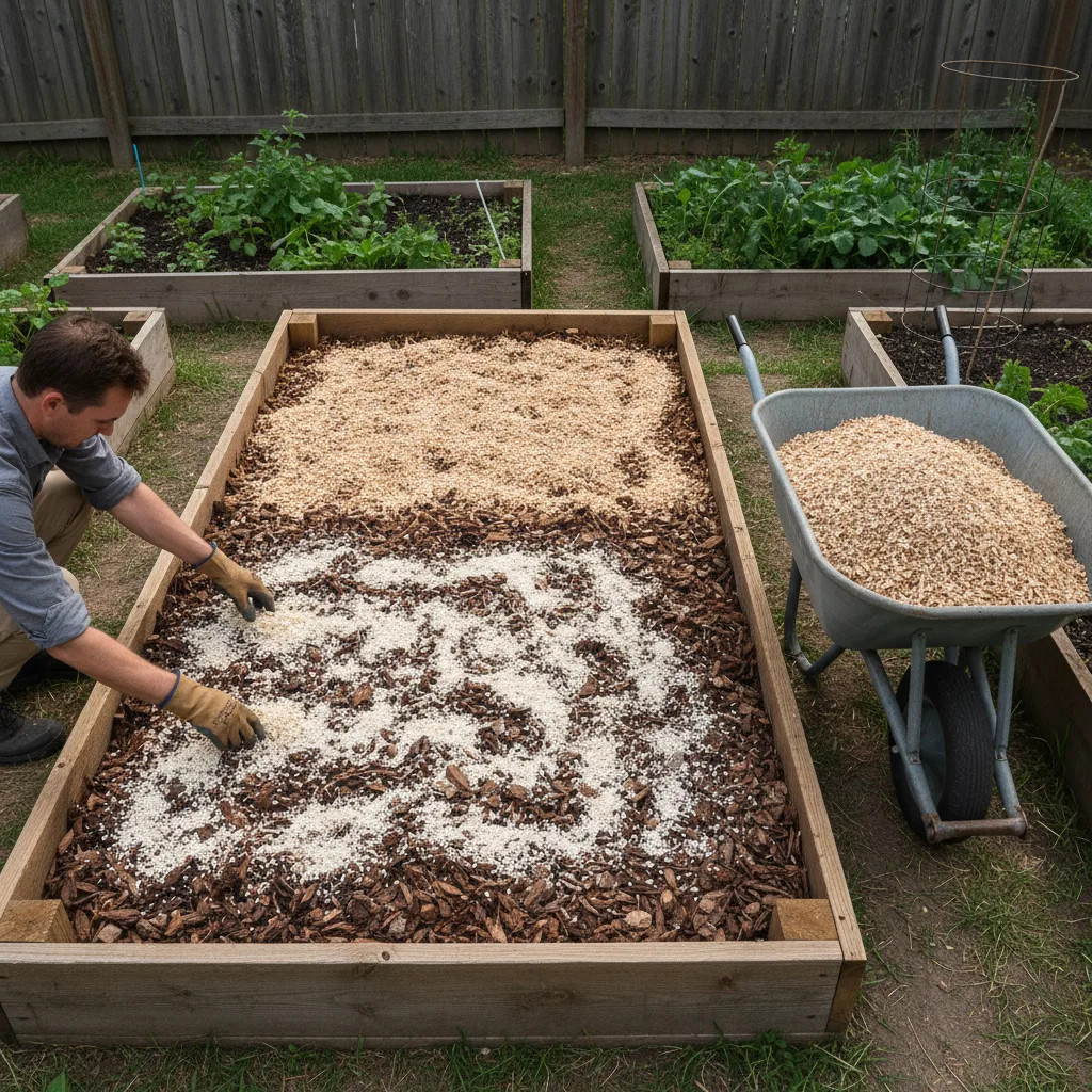 Building a wine cap mushroom bed with layers of wood chips and spawn in a garden setting