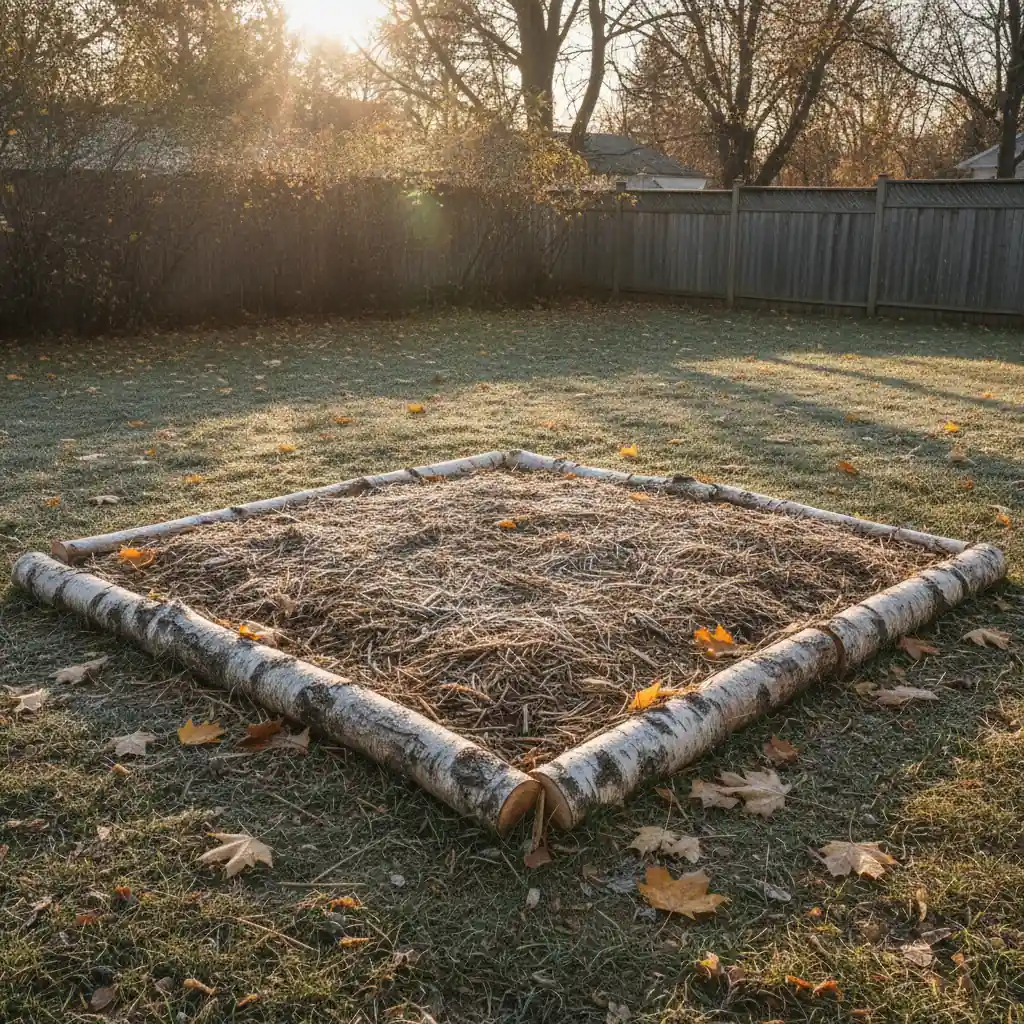 Straw-and-woodchip wine cap mushroom bed edged with logs in a Canadian backyard in late autumn, thin frost on the mulch, prepared and watered for overwintering under snow