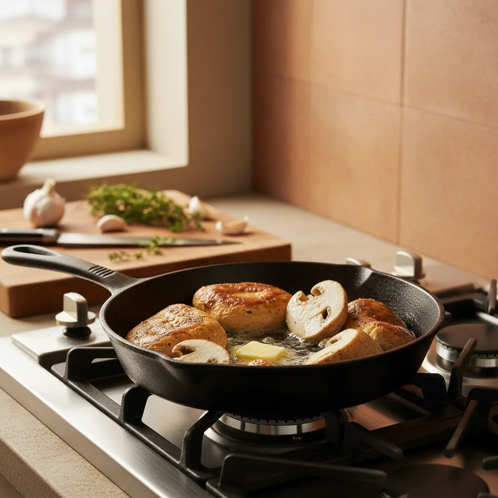 Wine cap mushroom slices being seared golden brown in a cast iron skillet with butter and fresh thyme