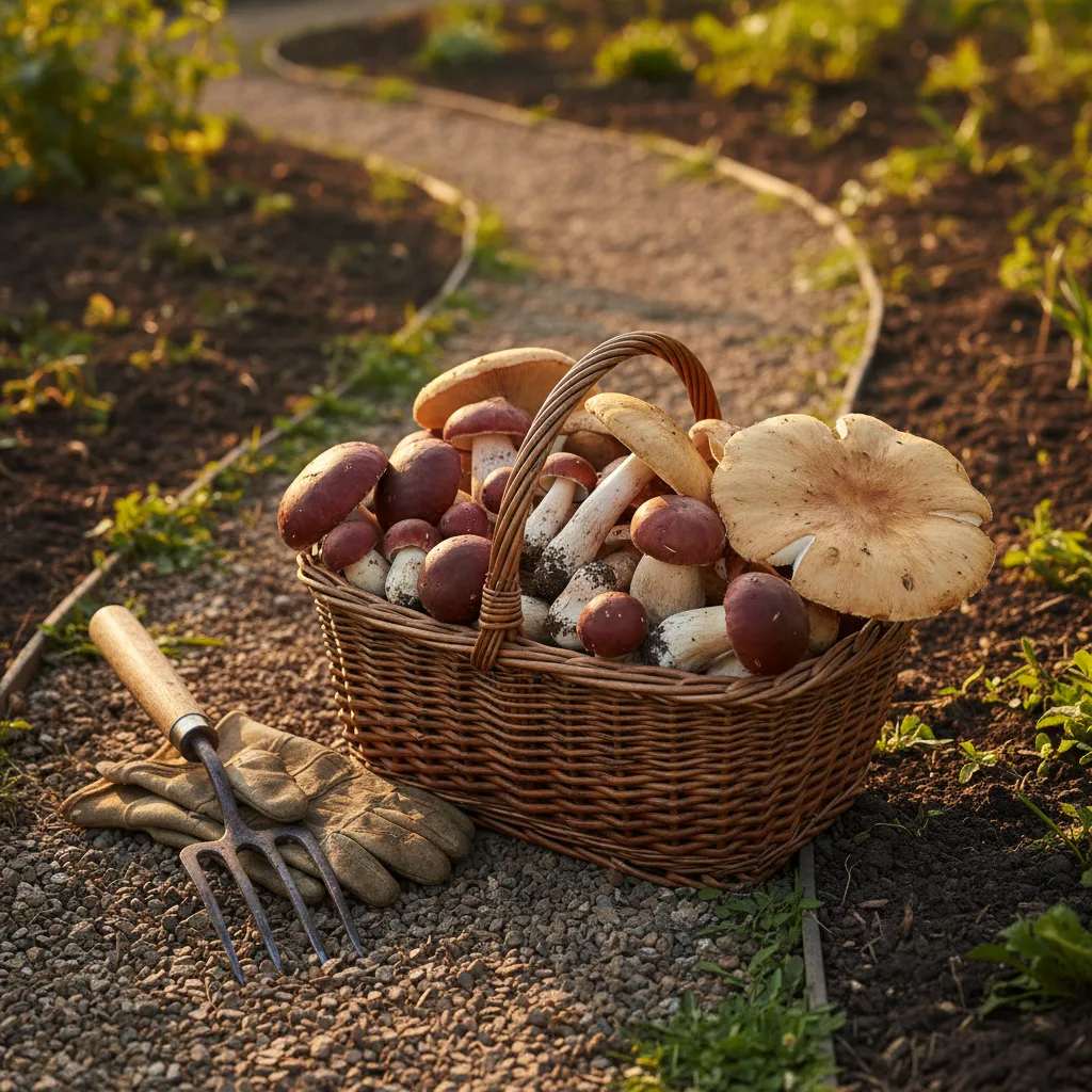 A wicker basket filled with freshly harvested wine cap mushrooms of various sizes, from small buttons to large mature caps