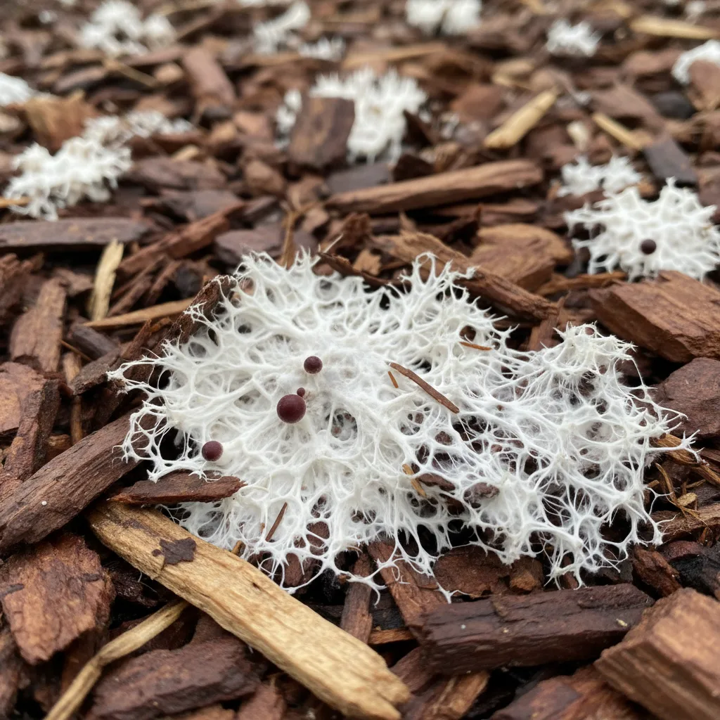 Close-up of wine cap mycelium colonizing wood chips, with small burgundy pins emerging from the white mycelium mat