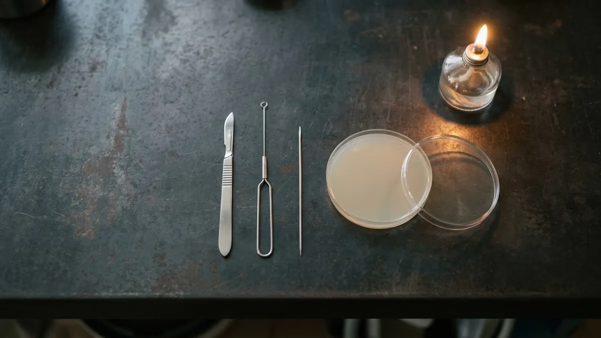 An inoculating loop, needle and scalpel laid out beside an open petri dish next to a lit alcohol lamp