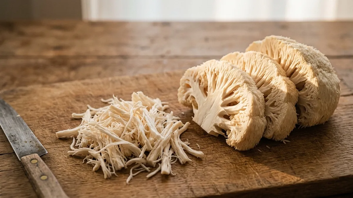 A lion's mane mushroom on a board, part cut into thick slabs and part pulled into shreds