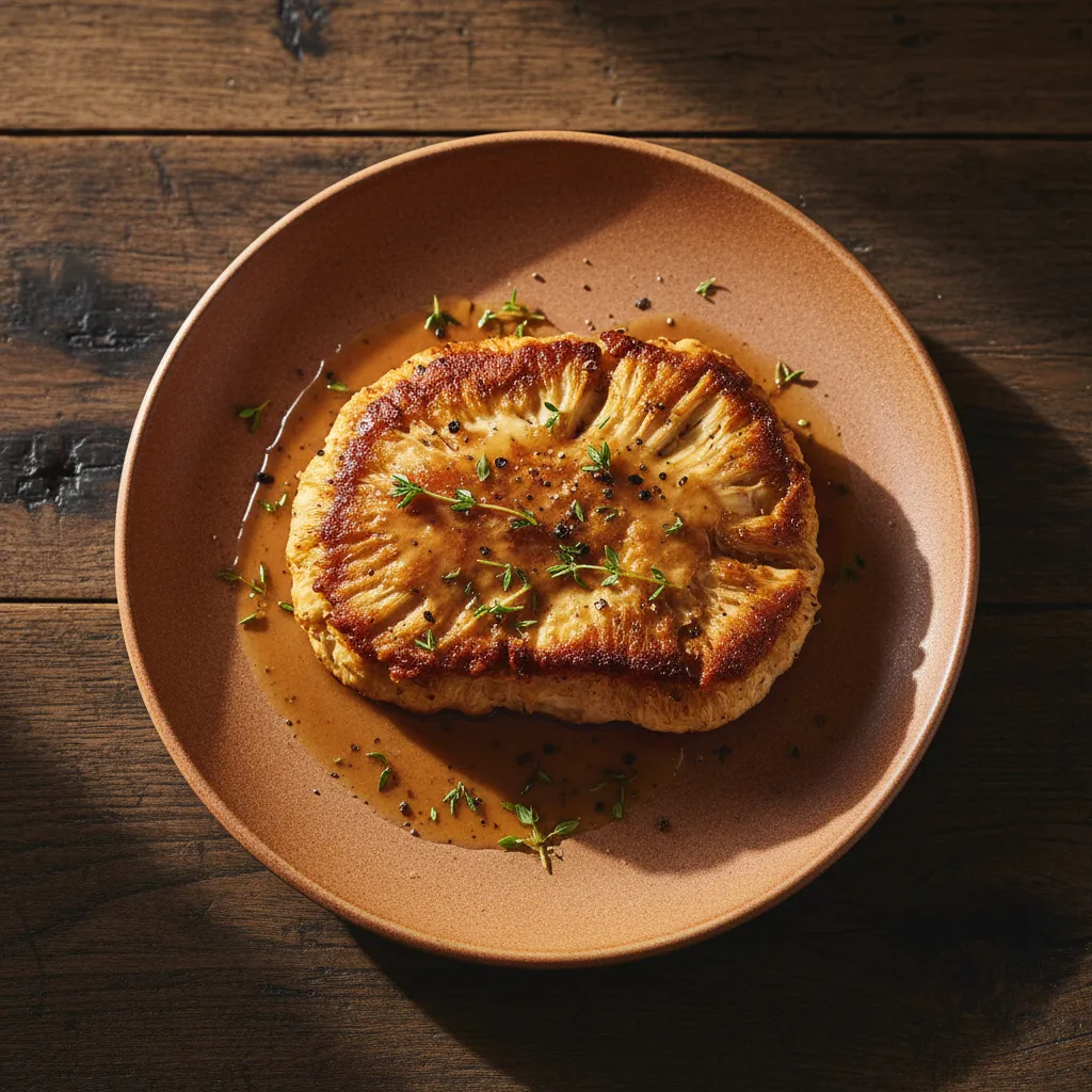 Golden-seared lion's mane mushroom steaks on a plate with herbs and butter