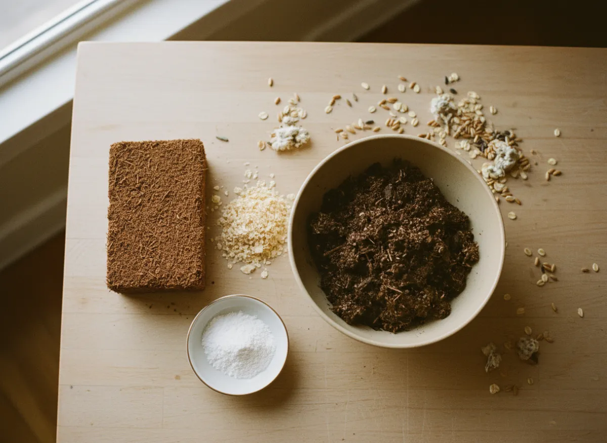 Mixing coconut coir, vermiculite, and manure for mushroom substrate