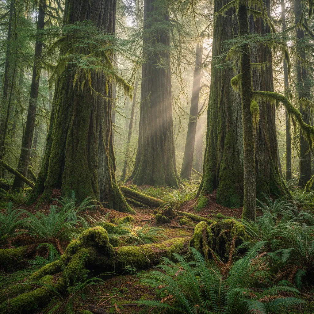 Wild chanterelle mushrooms growing on a mossy forest floor in a British Columbia old-growth forest