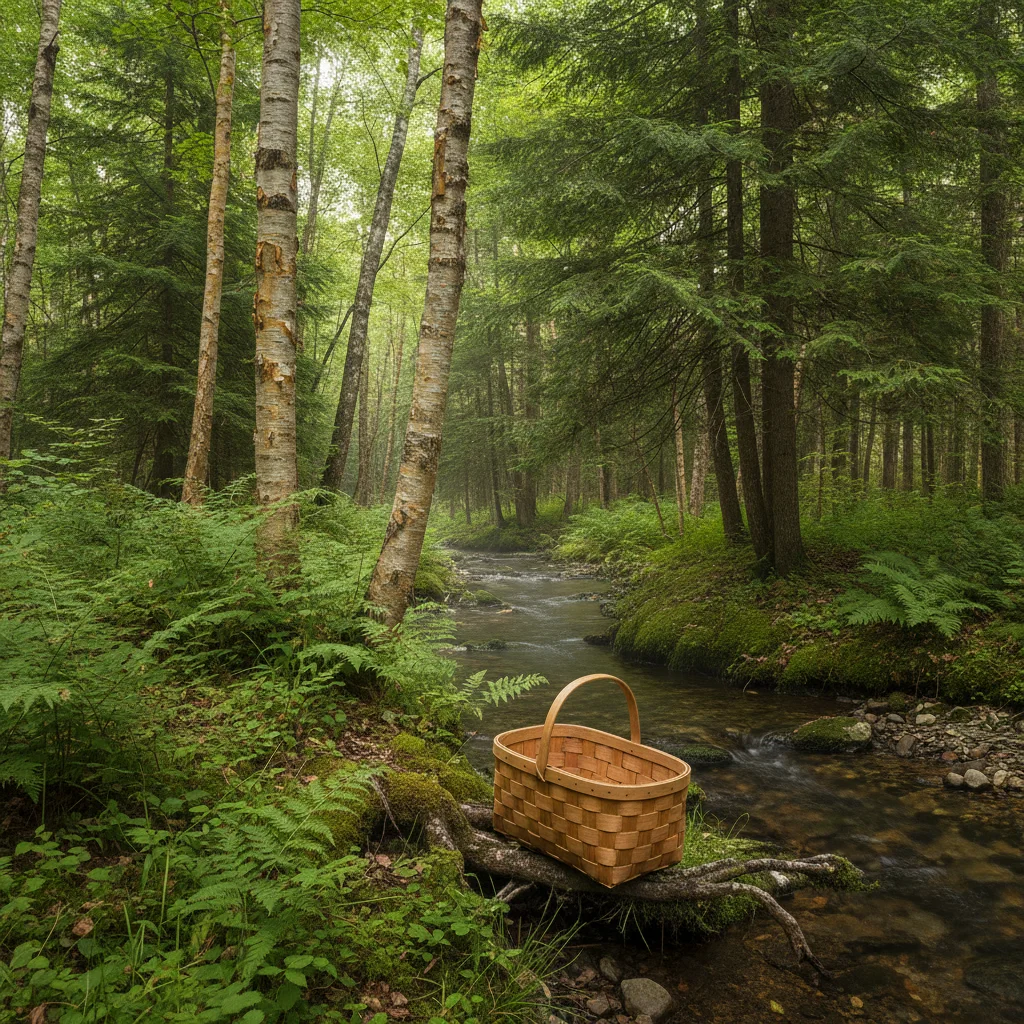 Acadian mixed-wood forest path in New Brunswick with a small wicker basket on moss in filtered light.