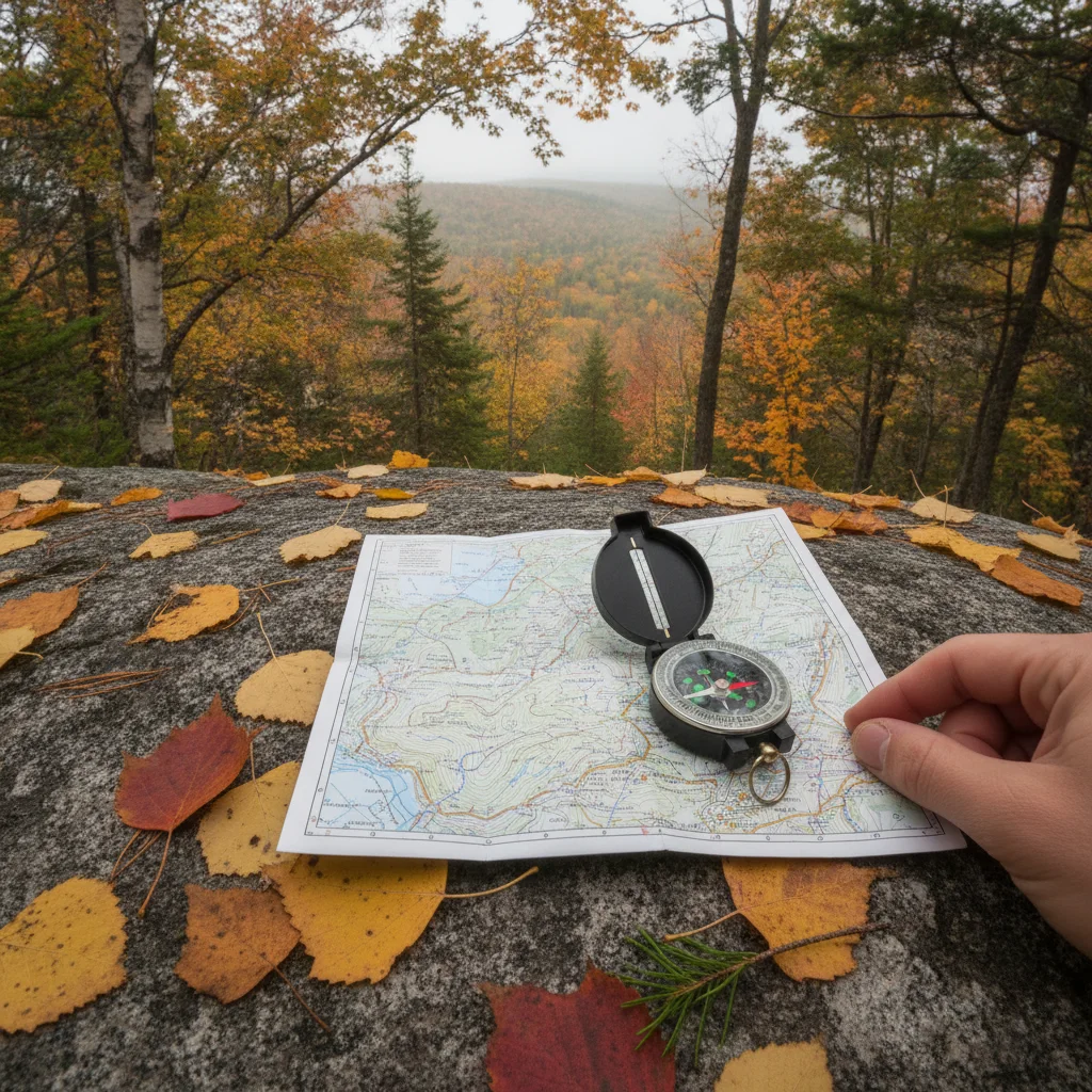 Laurentian Quebec mixed forest trail with yellow birch, maple leaves, and a wicker basket in early autumn light.