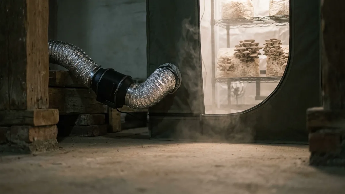 An inline duct fan and ducting feeding fresh air into a fabric grow tent of fruiting mushroom blocks