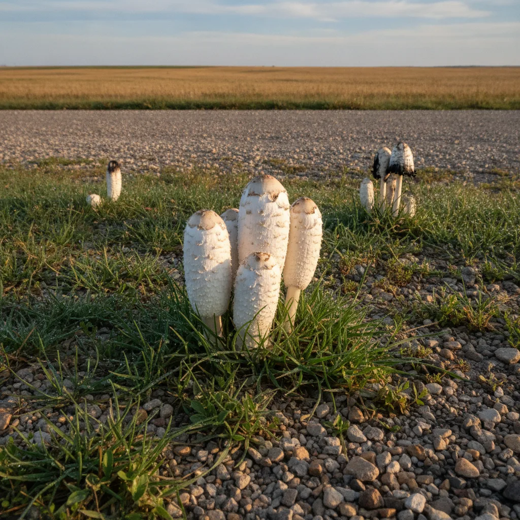 Cluster of tall white shaggy mane mushrooms with scaly cylindrical caps growing from a grassy roadside