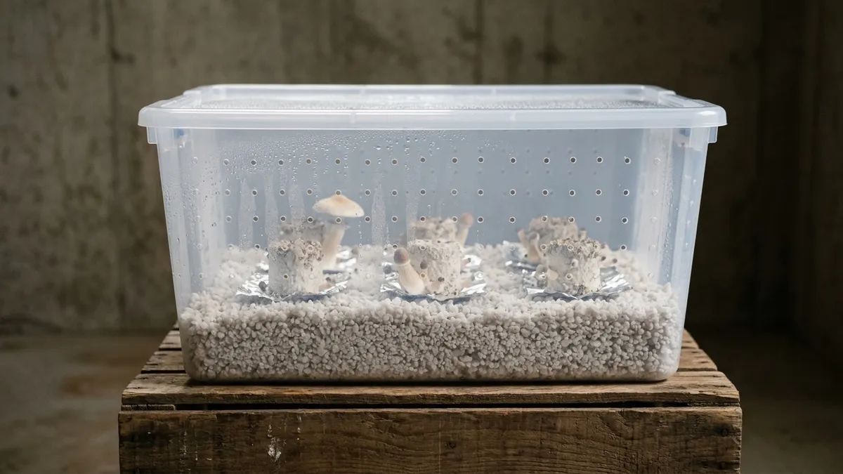 A clear plastic tote drilled with a grid of holes, a bed of wet perlite in the base and small cakes fruiting above it