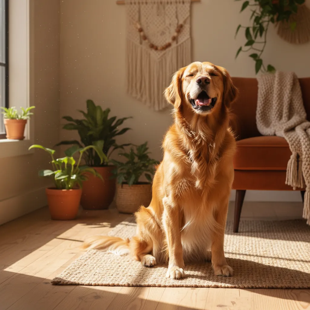 Dog sitting next to a bowl of food with turkey tail mushroom powder sprinkled on top