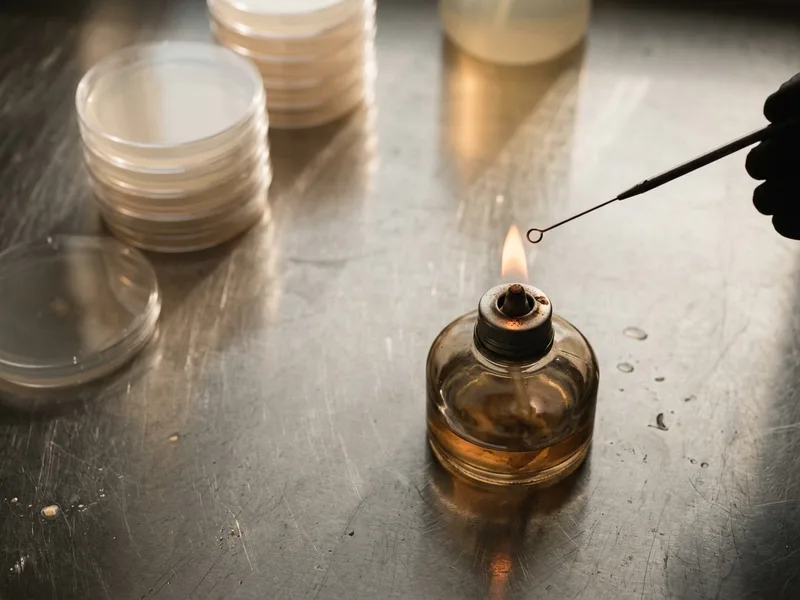 A glass alcohol lamp burning beside a stack of petri dishes