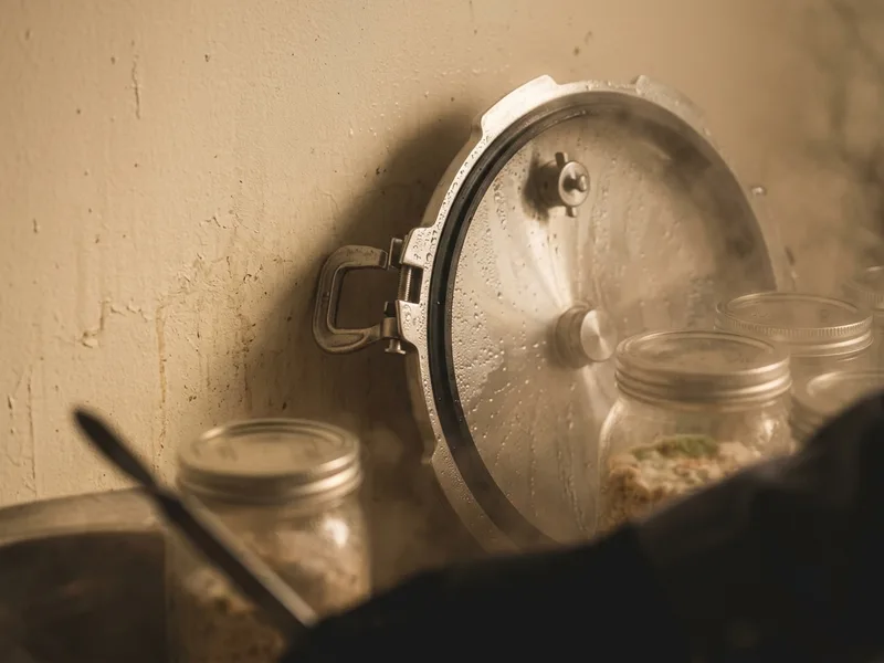 A tall sterilizer drum open beside racks of jars in a workshop