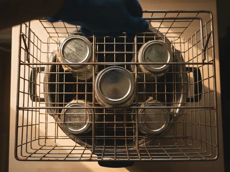 A tall sterilizer drum open beside racks of jars in a workshop