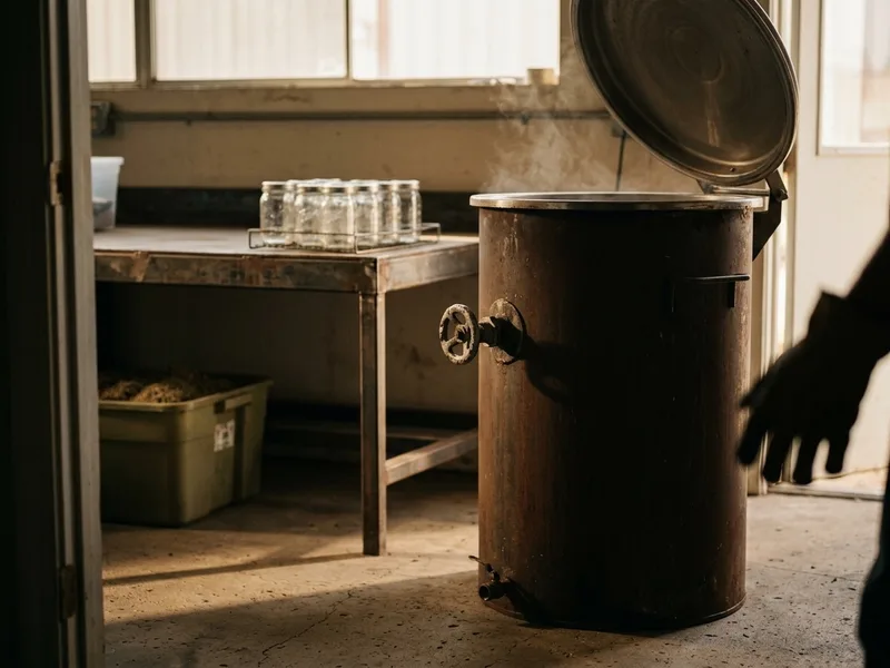 A tall sterilizer drum open beside racks of jars in a workshop