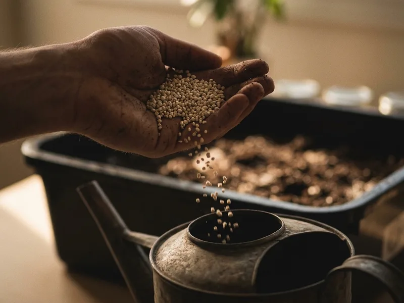 BTI granules being poured into a watering can beside a substrate tub