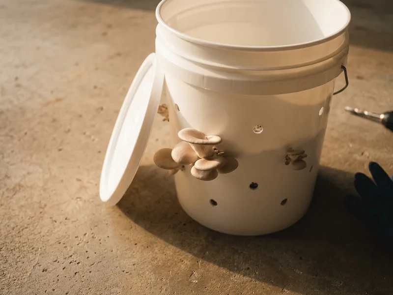 A drilled food-grade pail with oyster mushrooms fruiting from the holes