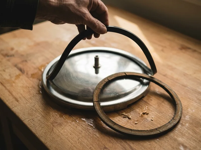 A replacement sealing ring beside a perished one on a canner lid