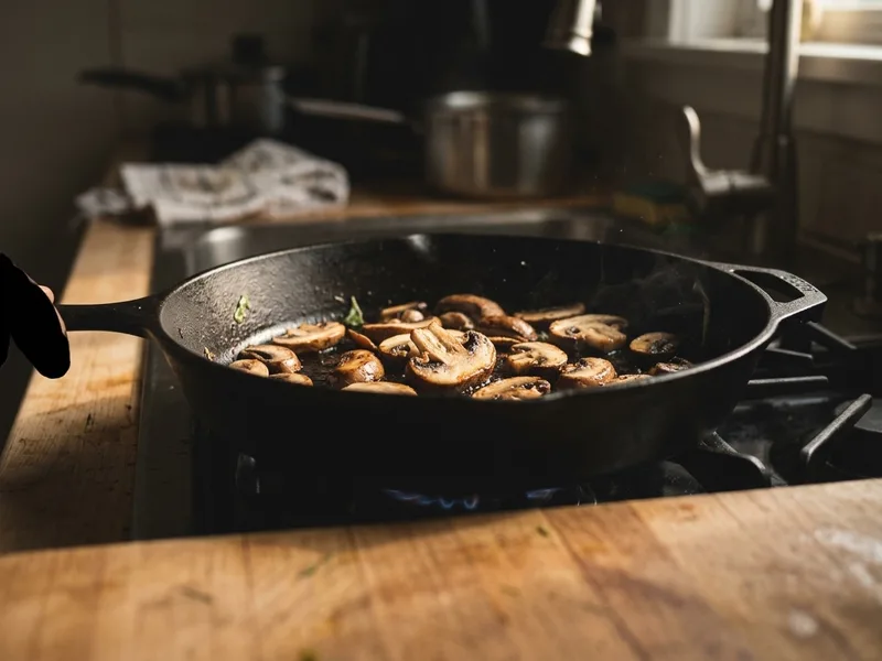 Sliced mushrooms searing in a heavy cast iron skillet