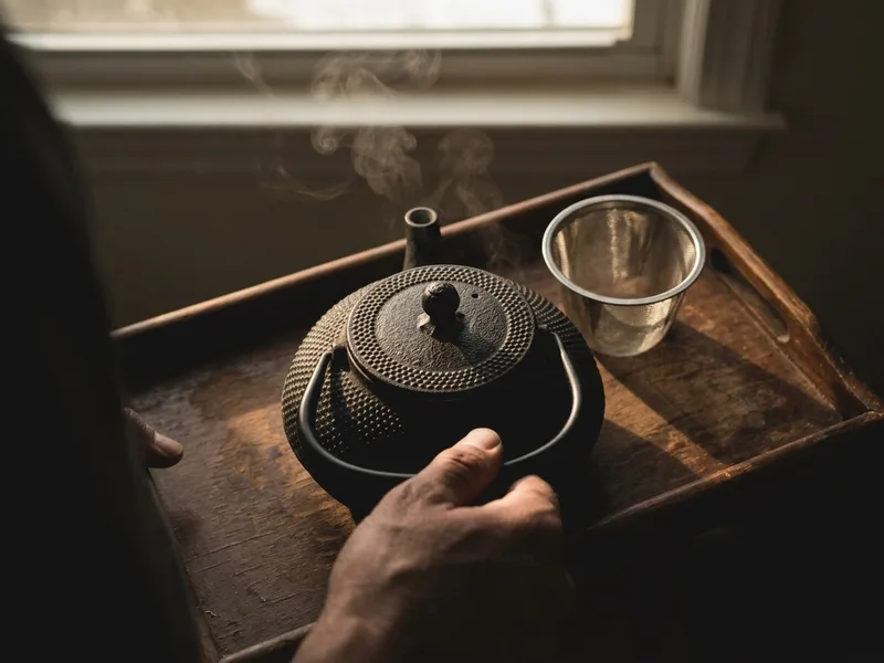 A cast iron teapot steaming on a wooden tray beside a strainer