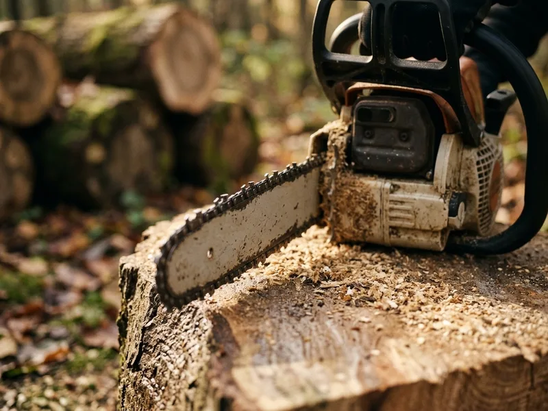 A chainsaw resting on a freshly cut hardwood round in a woodlot