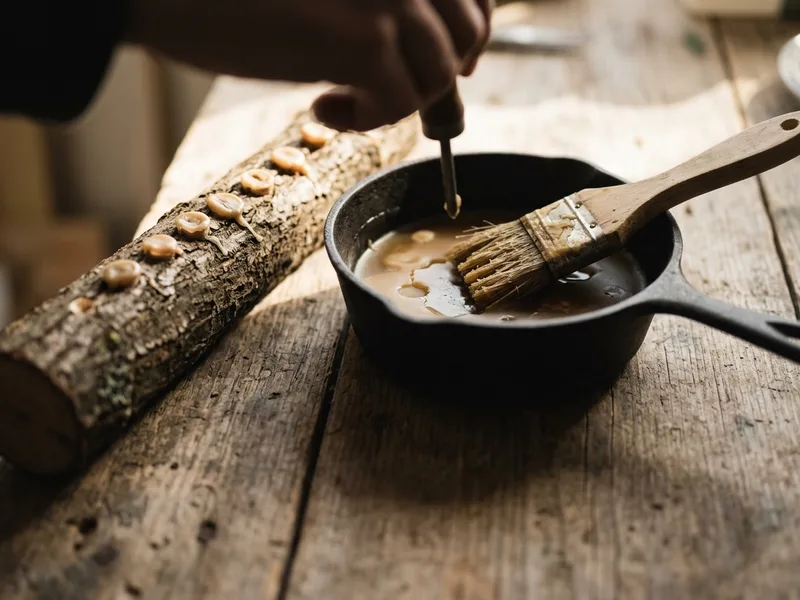 A pot of melted wax and a brush beside a freshly plugged log