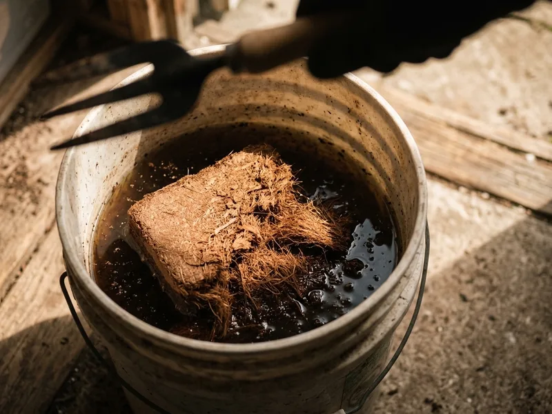 A compressed coir brick breaking apart in a bucket of water
