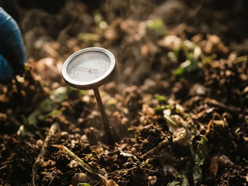 A long-stemmed thermometer pushed into a steaming compost heap