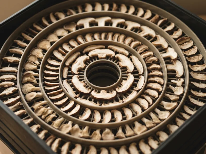Mesh trays loaded with sliced mushrooms pulled from a dehydrator