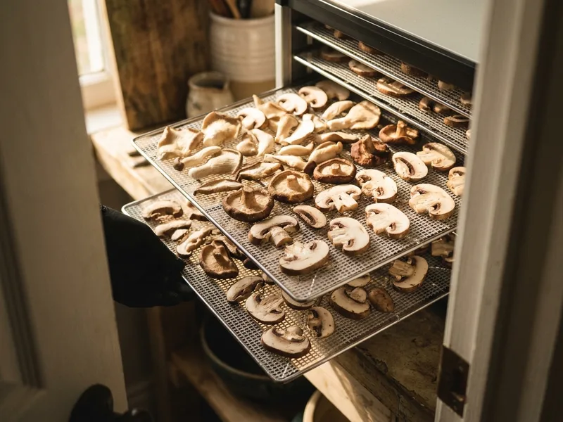 Mesh trays loaded with sliced mushrooms pulled from a dehydrator