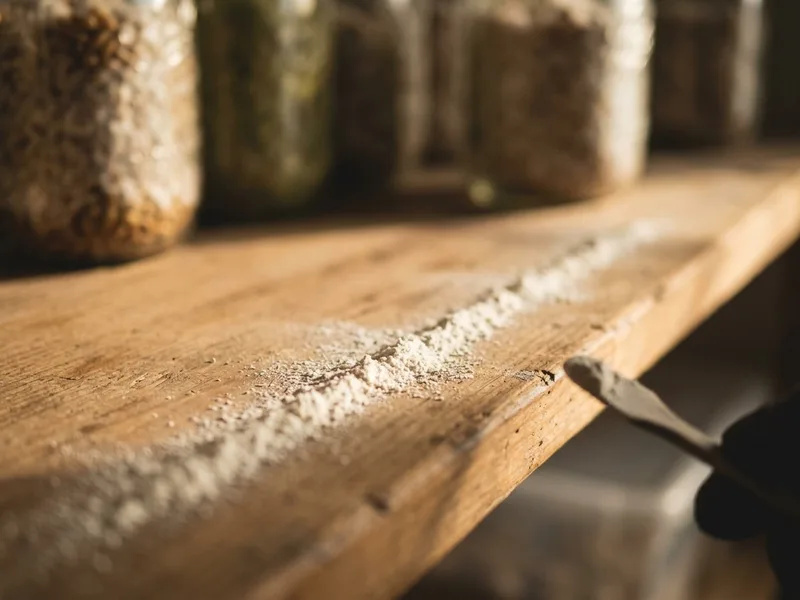 Fine white powder dusted in a line along the edge of a workshop shelf