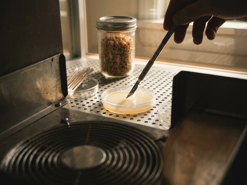 The filter face of a laminar flow hood with a petri dish on the work surface