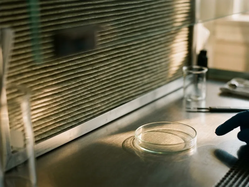 The filter face of a laminar flow hood with a petri dish on the work surface