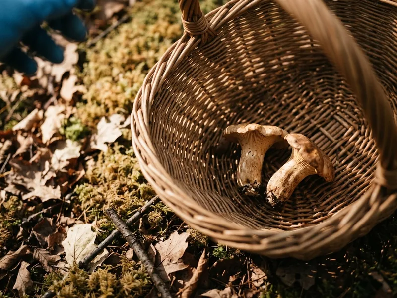 An open-weave wicker basket holding mushrooms on the forest floor
