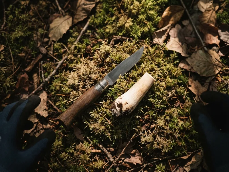 An open folding knife lying on moss beside a cut mushroom stem